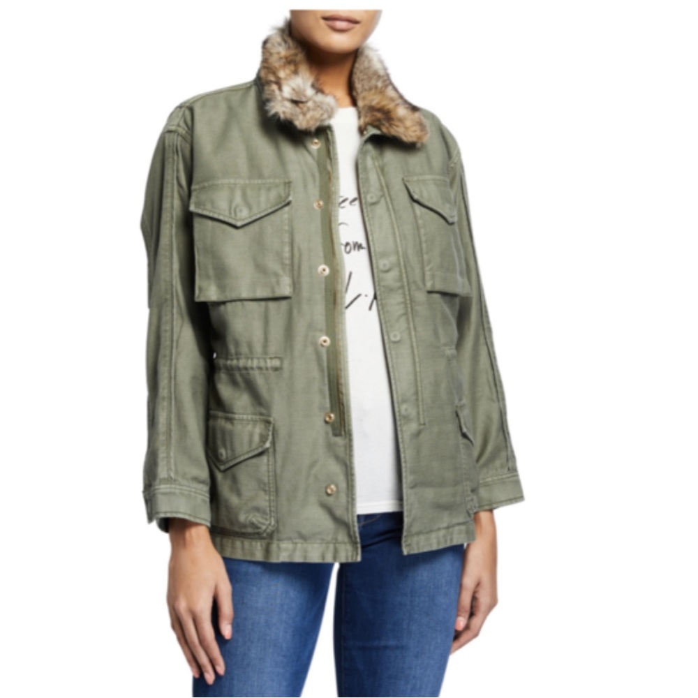 FRAME, Pristine, worn once, cotton, faux fur lined jacket in army green. Size S.